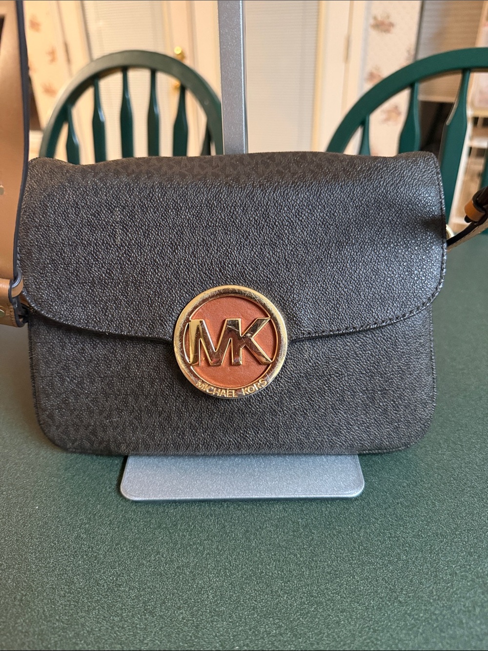 Michael Kors Brown and Tan Crossbody with Gold MK Medallion and Adjustable Strap